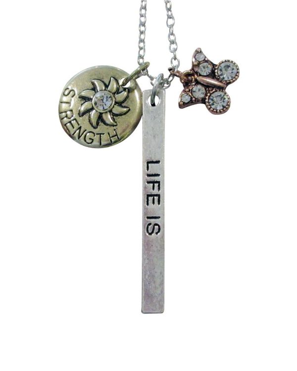 Inspiring "LIFE IS TOUGH BUT I AM TOUGHER" Pendant Necklace Three Tone Charm Butterfly, Sun