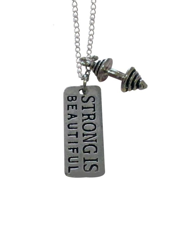Inspiring "Strong Is Beautiful" Necklace Silver w/Barbell