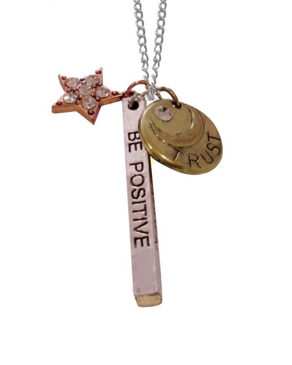 Inspiring "Be Positive Amazing Things Are Going To Happen" Necklace Three Tone Charm Star/Moon