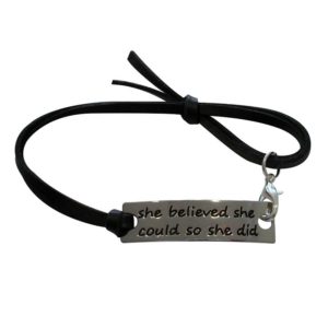 Inspiring "she believed she could so she did" Bracelet/Bangle Silver w/Black Leather Strap