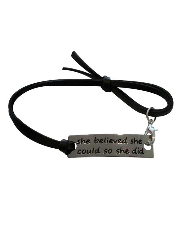 Inspiring "she believed she could so she did" Bracelet/Bangle Silver w/Black Leather Strap