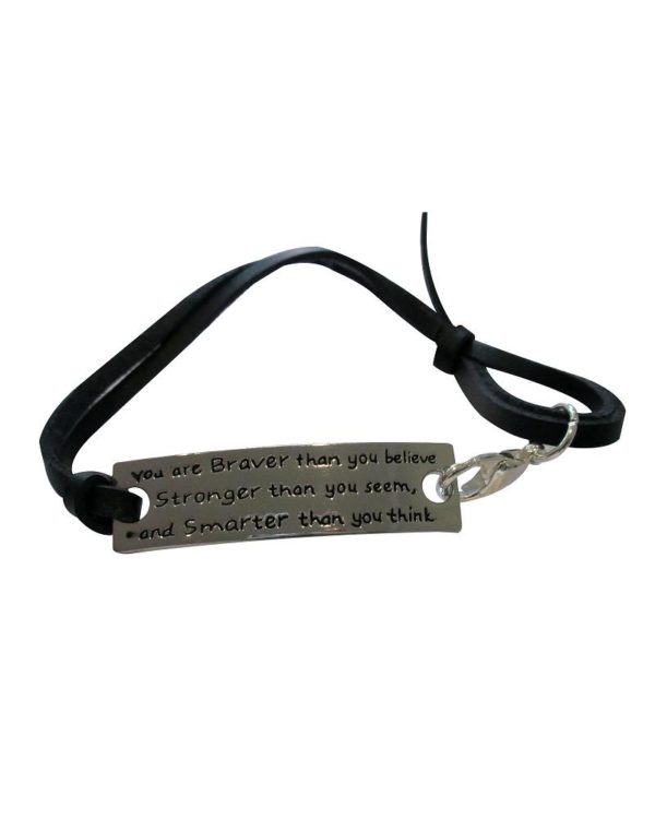 Inspiring "You are braver than you believe, Stronger than you seem, and Smarter than you think" Bracelet/Bangle Silver w/Brown Leather Strap