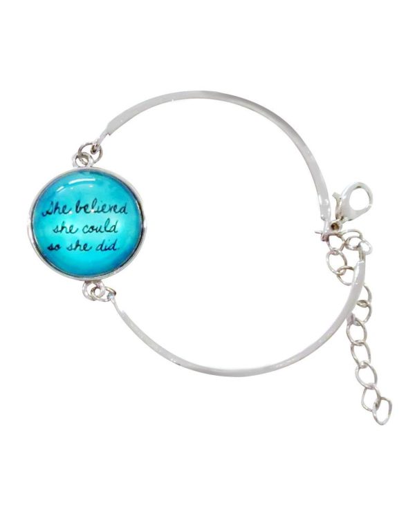 Inspiring "She Believed She Could So She Did" Bracelet/Bangle Silver w/Blue Glass