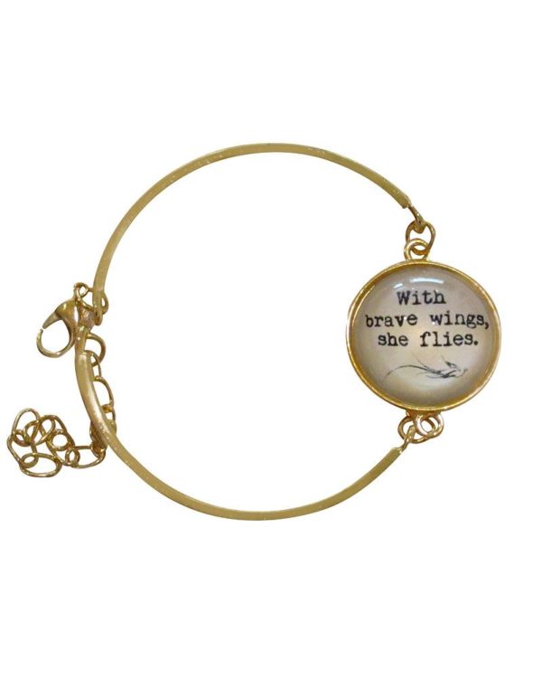 Inspiring "With Brave Wings She Flies" Bracelet/Bangle Gold w/Glass
